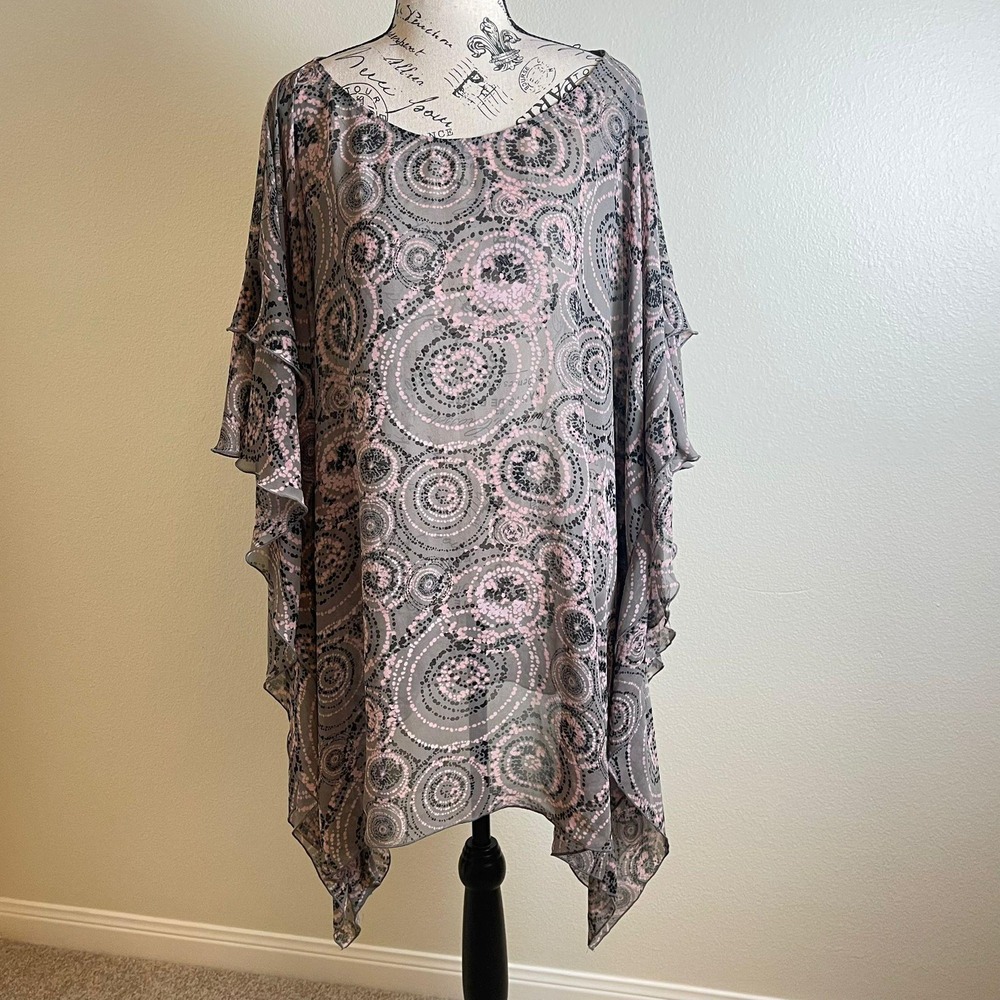 Lane Bryant Plus Size Kaftan Tunic Top Gray Pink Circle Print 26‎ 28 Sheer